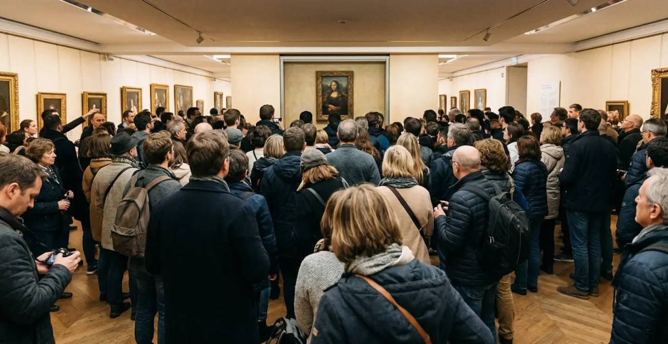 Foule de visiteurs devant une exposition événement dans un musée
