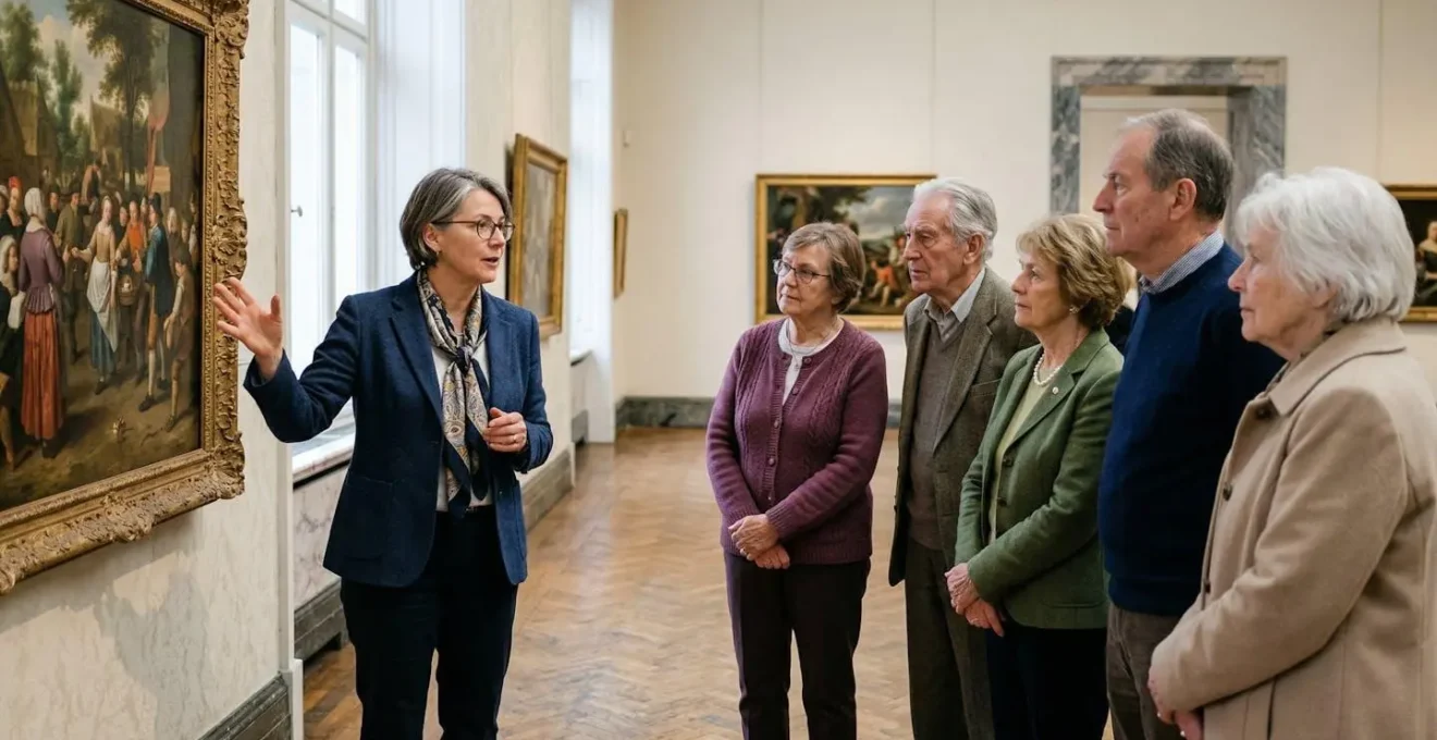 Conférencier expert guidant un petit groupe dans une galerie de musée