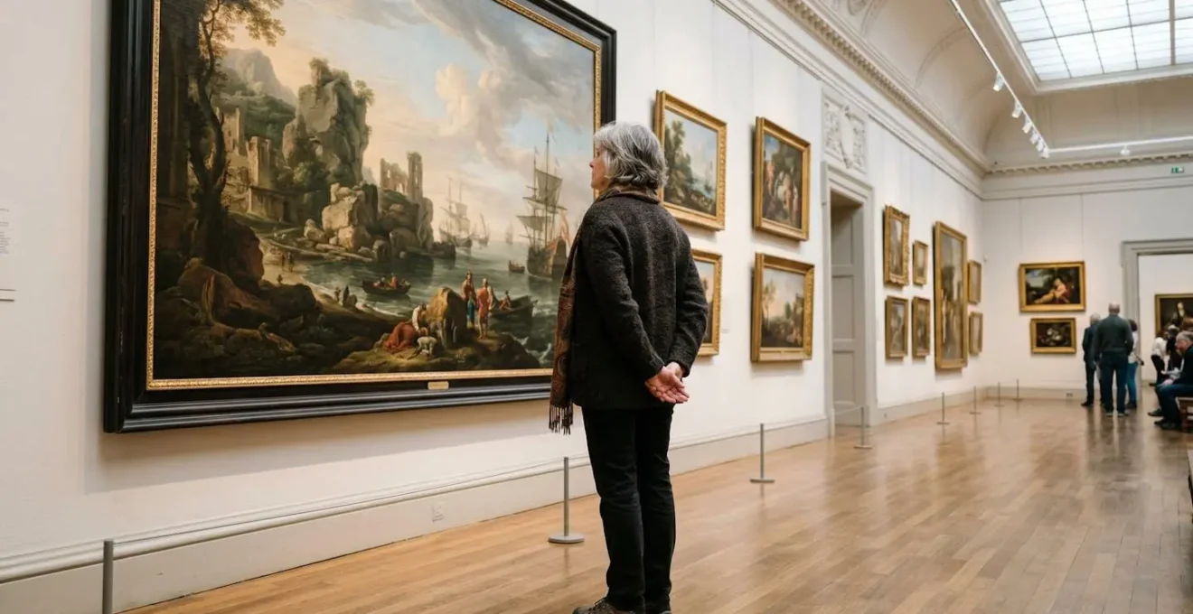 Voyage culturel : visiteur admirant une œuvre dans une galerie de musée européen