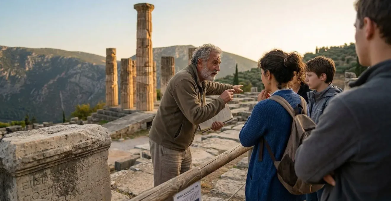 Un petit groupe de voyageurs vu de dos écoute attentivement un guide devant les colonnes du temple d'Apollon à Delphes, lumière dorée de fin d'après-midi