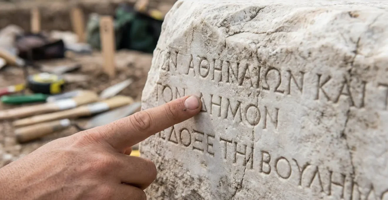 Gros plan sur une main pointant du doigt une inscription grecque ancienne gravée dans une pierre de marbre, avec carnets et outils de mesure flous en arrière-plan