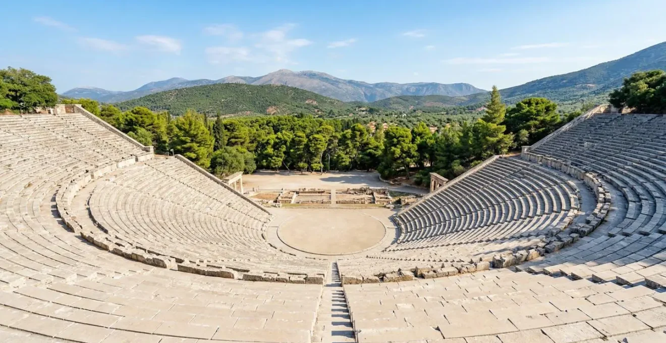 Vue panoramique du théâtre antique d'Épidaure complètement vide en début de matinée, lumière rasante révélant la géométrie parfaite des gradins de pierre, montagnes grecques au loin